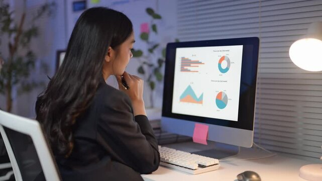 A woman is sitting at a desk with a computer monitor in front of her. She is using a pen to draw on the screen. Concept of focus and concentration as the woman works on her computer