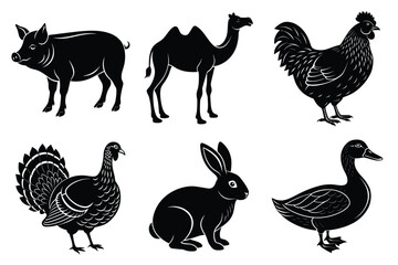 Farm and Domestic Animals set, Animals silhouette collection vector illustration