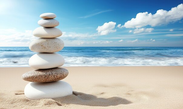 Stacked stones on sunny beach with ocean waves, promoting balance and tranquility