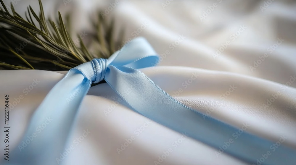 Poster stylish blue and white ribbon is elegantly tied in a bow on a smooth, light surface creating a trend