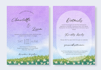 Set of Watercolor blue sky with floral field landscape wedding invitation template