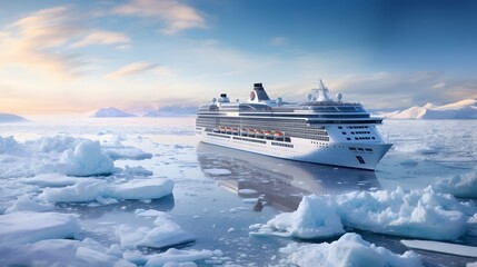 Majestic cruise ship sailing through the ice covered waters of the Arctic surrounded by a breathtaking frozen coastline in a captivating winter landscape