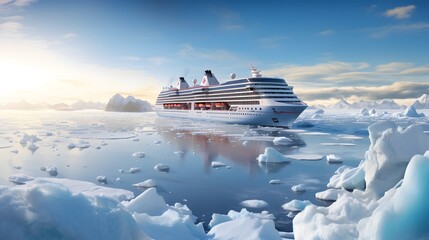 Majestic cruise ship sailing past an ice covered coastline on a serene wintry seascape  The dramatic frozen landscape creates a captivating and scene of remote Arctic and adventure