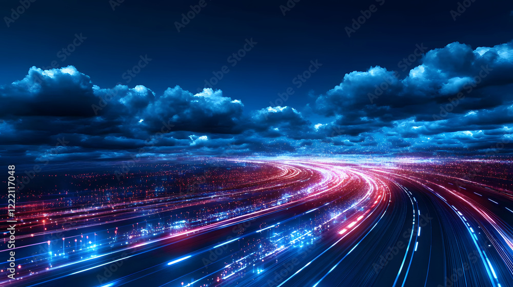 Poster dynamic light trails create a vibrant cityscape at night with streaks of red and blue