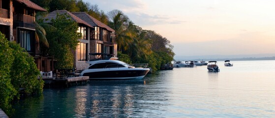 Fototapeta premium Luxury Yacht Docked at Tropical Waterfront Villas