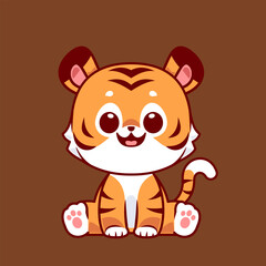 Cute tiger cub sitting smiling cartoon style flat colorful vector illustration