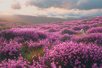 Obraz premium Heather-covered countryside adorned with vibrant purple flowers blooming under a dramatic cloudy sky showcasing the beauty of nature in a serene and picturesque landscape scene
