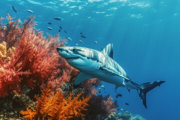 Fototapeta premium Great white shark swims gracefully among colorful coral reefs in a vibrant underwater landscape, showcasing marine life in the blue ocean depths