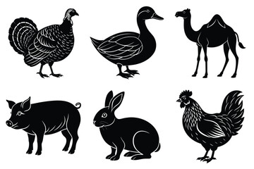 Farm and Domestic Animals set, Animals silhouette collection vector illustration