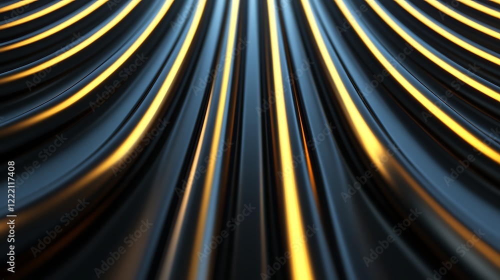 Poster abstract pattern of metallic curves with golden highlights and smooth flowing lines in black backgro