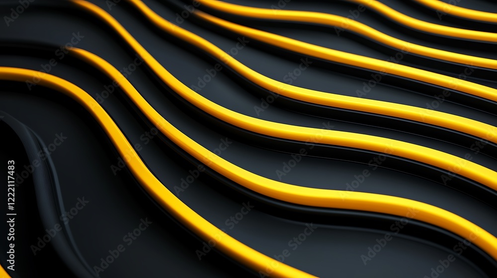 Poster abstract pattern of wavy lines in black and yellow color scheme on a smooth surface