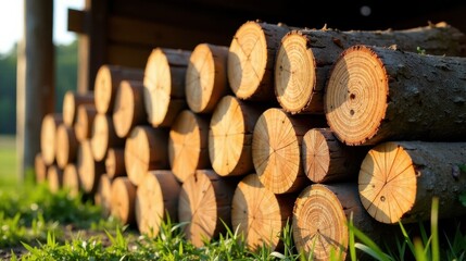 Neatly Stacked Logs Basking in Golden Sunlight, a Rustic Scene of Timber Stored Outdoors Near Lush Greenery