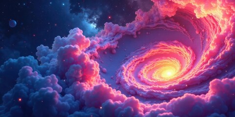Fototapeta premium A swirling cosmic nebula, vibrant pink and orange cloudscapes, glowing with ethereal light, a celestial vortex of dreams