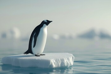 Obraz premium A solitary penguin stands majestically on a small iceberg in a tranquil ocean, capturing the serenity of its icy habitat during a calm day