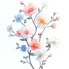 A delicate arrangement of pink and white flowers with blue accents on a white background.