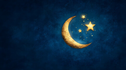 Fototapeta premium Golden crescent moon and stars against a deep blue background