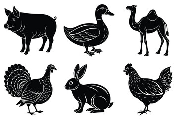 Farm and Domestic Animals set, Animals silhouette collection vector illustration