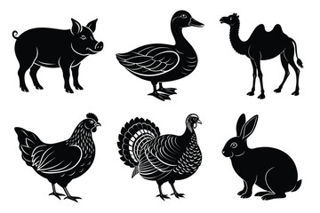 Farm and Domestic Animals set, Animals silhouette collection vector illustration