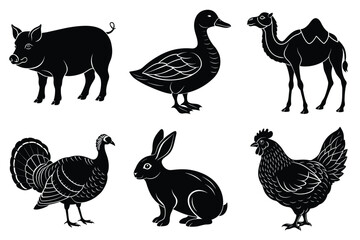 Farm and Domestic Animals set, Animals silhouette collection vector illustration