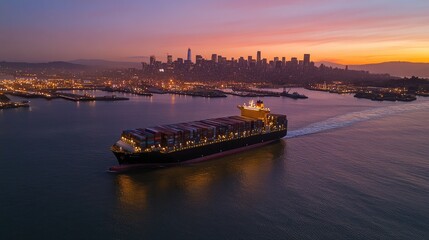 Naklejka premium A massive international cargo ship departing from a busy harbor at sunset.