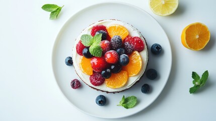 Delicious and Colorful Berry Cake with Fresh Fruits and Mint Leaves on White Plate, Perfect for Celebrations or Summertime Desserts in Bright Light