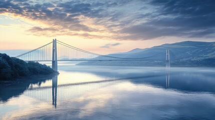 Obraz premium A modern suspension bridge spanning a wide river with reflections shimmering on the water.