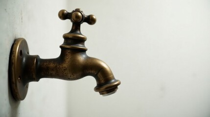A close-up view of an antique brass faucet mounted on a wall, showcasing its aged patina and intricate details.
