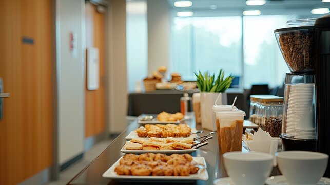 an image of a coffee break setup in a conference room, with refreshments and pastries laid out.