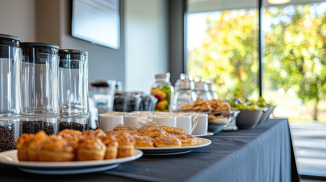 an image of a coffee break setup in a conference room, with refreshments and pastries laid out.