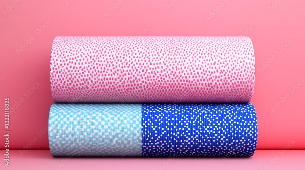 Poster abstract textured rolls of paper in bright colors with polka dot patterns on a soft pink background