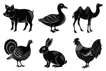 Obraz premium Farm and Domestic Animals set, Animals silhouette collection vector illustration