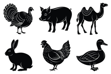 Farm and Domestic Animals set, Animals silhouette collection vector illustration