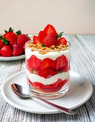 Elegant Strawberry Parfait with Biscuit Base and Whipped Cream