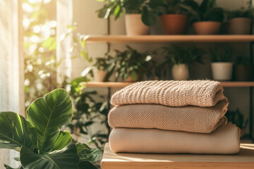 Cozy knitwear stack near sunlit plants