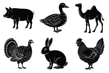 Farm and Domestic Animals set, Animals silhouette collection vector illustration