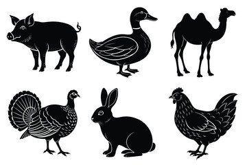 Farm and Domestic Animals set, Animals silhouette collection vector illustration