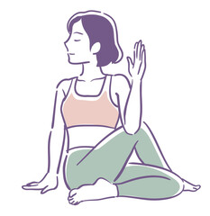 女性のヨガのポーズ。手描き風、ベクターイラスト素材。