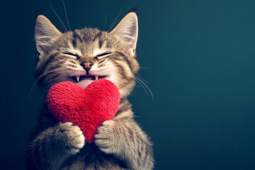 Ad concept drawing art. Cute serengeti young cat with fluffy red heart - emblem of love, funny greeting card. Serengeti - my beloved cat. Valentine's furry friend. Romantic valentine poster.