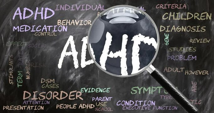 Adhd being studied, examined - under close inspection. Most important subjects and ideas closely related to adhd written on a blackboard inspected by a magnifying glass. Can be looped