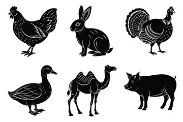 Obraz premium Farm and Domestic Animals set, Animals silhouette collection vector illustration