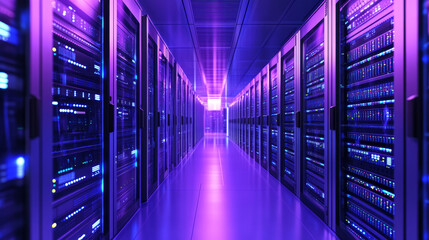Fototapeta premium Isometric data center, server room equipment, hardware racks or web hosting infrastructure icons isolated on ultraviolet background, database storage technology, cloud computing services 3d vector set