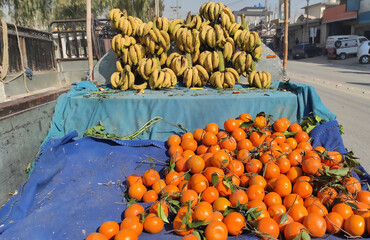 The roadside cart has a lot of bunches of yellow bananas and bright juicy orange fruits on it.