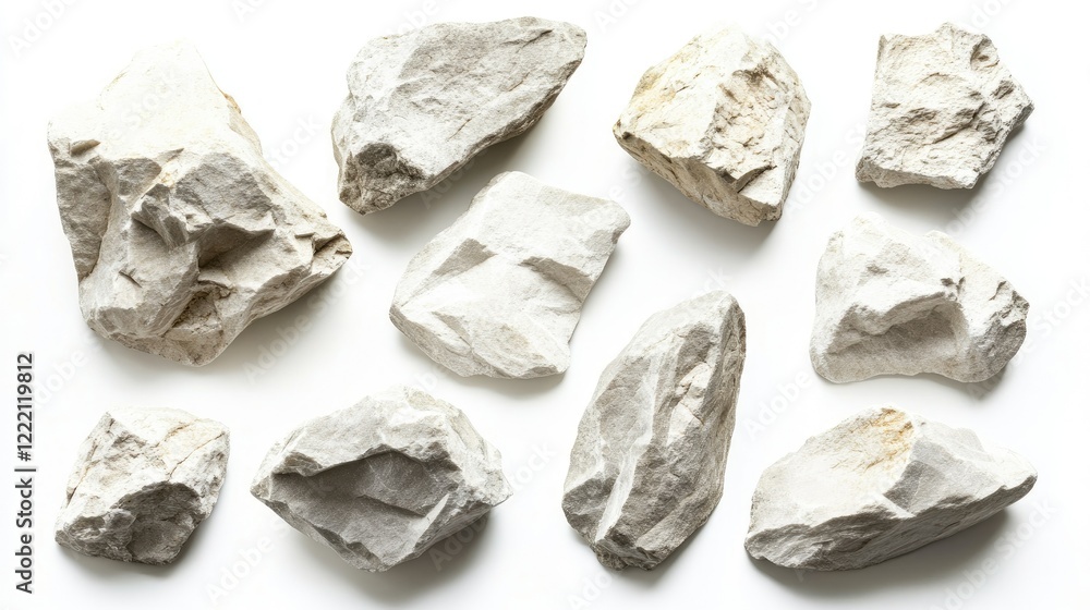 Poster a collection of various simple rocks displayed on a clean white background featuring different shape