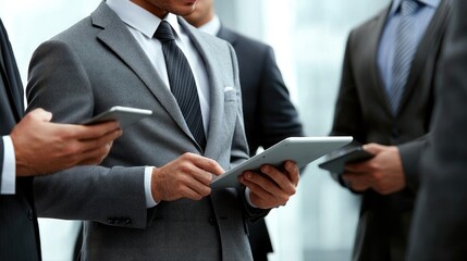 an image of a group of professionals engaging with interactive financial graphs on tablets during a meeting.