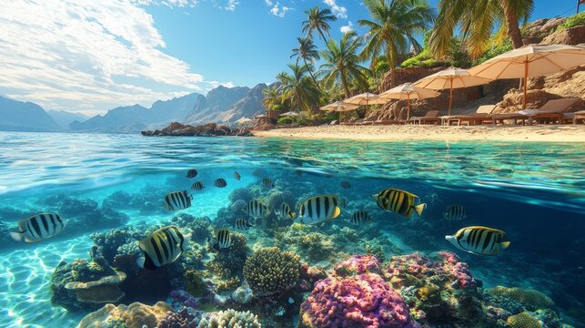 Tropical coral reef and fish with beach with palms and sun umbrelas on the background, Red Sea, Egypt