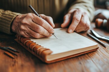 Artisan's hands skillfully create a leather journal, surrounded by tools on a rustic wood workbench, illuminated by soft, warm lighting, showcasing craftsmanship