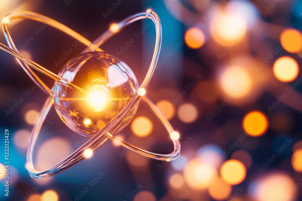 Fototapete This visual features a close-up of an atomic structure model, showcasing glowing electrons orbiting a nucleus with intricate energy trails against a dark backdrop