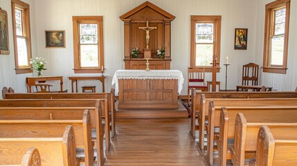 an image of a rustic wooden altar in a quaint church, highlighting its simplicity and the warmth of surrounding wooden pews.