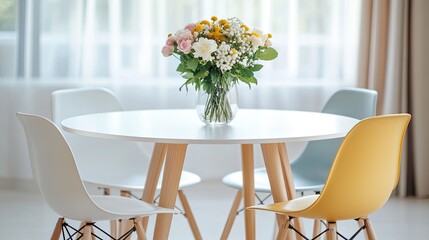 Bright dining room with a white round table, pastel-colored chairs, and a vase of fresh flowers in the center.