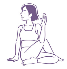 女性のヨガのポーズ。手描き風、ベクターイラスト素材。